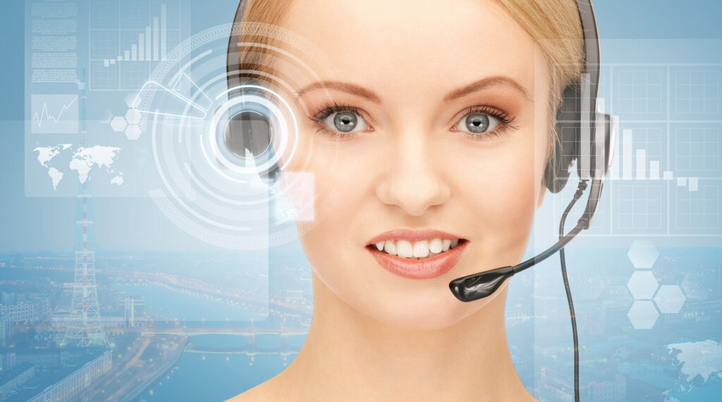 futuristic female helpline operator with headphones and virtual screen