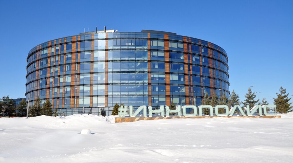 Logo of Innopolis city business center in Innopolis near Kazan tatarstan. at winter with snow.